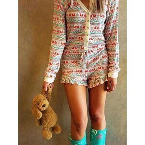 Wildfox Long Sleeve Snap-Button Front Waist-Tie Ruffled Shorts Romper Playsuit